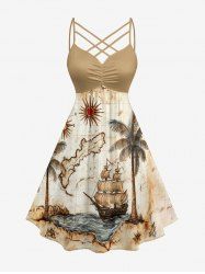 Coconut Tree Sun Map Ship Cruise Print Ruched Lattice Crisscross Straps Hawaii Dress - Bronze 4X