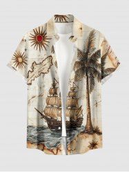 Coconut Tree Sun Map Ship Cruise Print Buttons Pocket Hawaii Shirt For Men -  
