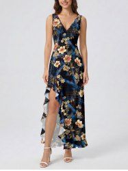 Flowers Leaf Print Hawaii Ruffles Split Surplice Dress - Noir XXL