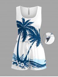 Coconut Tree Sea Waves Print Cinched Hawaii Romper -  