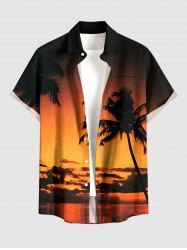 Plus Size Coconut Tree Ombre Dusk Print Hawaii Button Pocket Shirt For Men -  