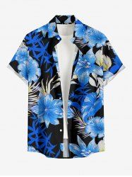 Tropical Leaf Hibiscus Flower Print Hawaii Button Pocket Shirt For Men - Bleu 2XL