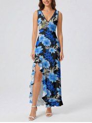 Tropical Leaf Hibiscus Flower Print Hawaii Ruffles Split Dress -  