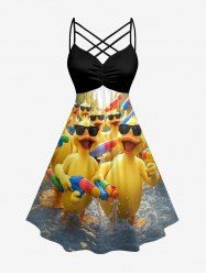 Funny Duck Print Hawaii Ruched Crisscross Strappy A Line Dress - Jaune 4X