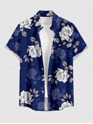 Plus Size Rose Flower Leaf Print Hawaii Button Pocket Shirt For Men - Cadetblue M