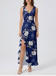 Rose Flower Leaf Print Hawaii Ruffles Split Dress - Bleu profond S
