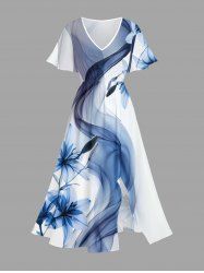 Flower Ombre Curve Ribbon Print Hawaii Split Pocket A Line Midi Dress -  
