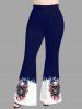 Skulls Flower Patriotic American Flag Print T-shirt and Flare Pants Matching Set - Bleu profond 