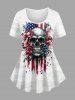 Skulls Flower Patriotic American Flag Print T-shirt and Flare Pants Matching Set - Bleu profond 