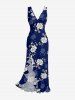Rose Flower Leaf Print Hawaii Ruffles Split Dress - Bleu profond S