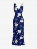 Rose Flower Leaf Print Hawaii Ruffles Split Dress - Bleu profond S
