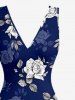 Rose Flower Leaf Print Hawaii Ruffles Split Dress - Bleu profond S