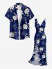 Rose Flower Leaf Print Hawaii Ruffles Split Dress - Bleu profond L