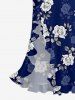 Rose Flower Leaf Print Hawaii Ruffles Split Dress - Bleu profond L