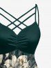 Hibiscus Flowers Leaf Print Ruched Lattice Crisscross Straps Hawaii Dress - Vert profond 4X