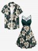 Hibiscus Flowers Leaf Print Ruched Lattice Crisscross Straps Hawaii Dress - Vert profond 4X