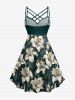Hibiscus Flowers Leaf Print Ruched Lattice Crisscross Straps Hawaii Dress - Vert profond 4X