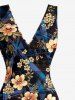Flowers Leaf Print Hawaii Ruffles Split Surplice Dress - Noir XXL