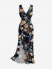 Flowers Leaf Print Hawaii Ruffles Split Surplice Dress - Noir XXL
