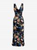 Flowers Leaf Print Hawaii Ruffles Split Surplice Dress - Noir XXL