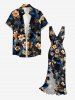 Flowers Leaf Print Hawaii Ruffles Split Surplice Dress - Noir XXL