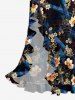 Flowers Leaf Print Hawaii Ruffles Split Surplice Dress - Noir XXL