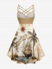 Coconut Tree Sun Map Ship Cruise Print Ruched Lattice Crisscross Straps Hawaii Dress - Bronze 4X