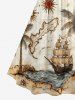 Coconut Tree Sun Map Ship Cruise Print Ruched Lattice Crisscross Straps Hawaii Dress - Bronze 4X