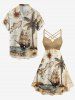 Coconut Tree Sun Map Ship Cruise Print Ruched Lattice Crisscross Straps Hawaii Dress - Bronze 4X