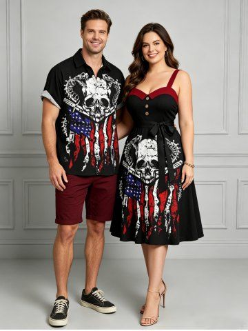 Skull Snake Patriotic American Flag Print Plus Size Matching Outfit For Couples - BLACK