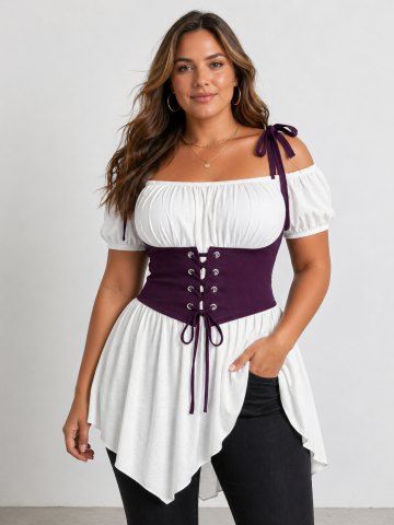 T-shirt asymétrique grande taille style médiéval/Renaissance, froncé, épaules dénudées, œillets, gilet chiné à lacets - PURPLE - 1X | US 14-16