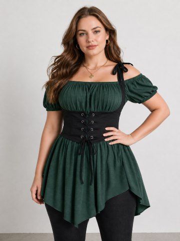 Plus Size Medieval Renaissance Ruched Off Shoulder  Asymmetrical Tee With Grommets Lace Up Marled Waistcoat - DEEP GREEN - 2X | US 18-20