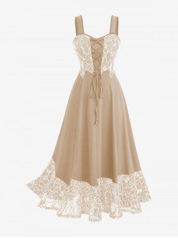 Plus Size Lace-up Panel Floral Embroidery Lace Trim Hollow Out Hem Tank Dress - BROWN - L | US 12