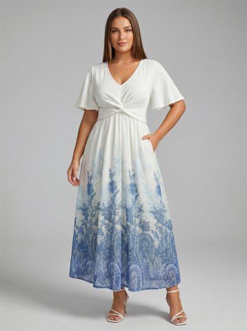 Plus Size Blue And White Porcelain Flowers Print Twist Hollow Out Back Ruffles Dress - WHITE - 5X | US 30-32