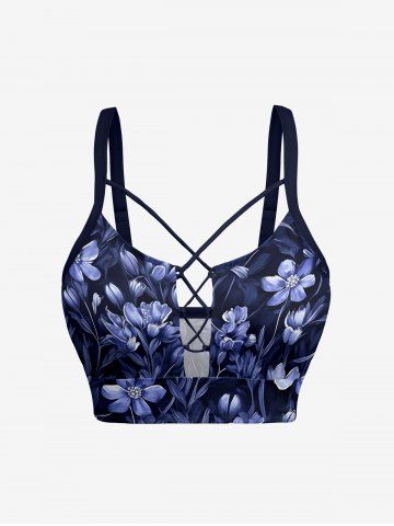 Plus Size Flower Leaf Print Lace Up Panel Tankini Top - DEEP BLUE - 2X
