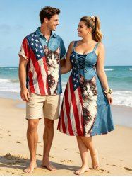 Patriotic American Flag Cat Print Matching Outfit For Couples - Bleu clair 