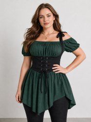 T-shirt asymétrique à épaules dénudées et à œillets, style Renaissance médiévale grande taille, gilet chiné à lacets - Vert profond 2X | US 18-20