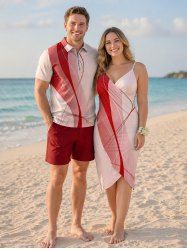 Curve Ombre Print Matching Hawaii Beach Outfit For Couples - CORAL ROSE 