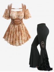 Tie Dye Print Lace Up Corset 2 In 1 Blouse and Skull Flocking Applique Flare Pants Plus Size Outfit - café 