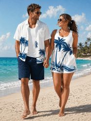 Matching Hawaii Shirt and Romper Beach Outfit Coconut Tree Sea Waves Print for Couples - Blanc 