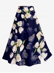 Ombre Flower Print Hawaii Split A Line Skirt - Bleu profond XS