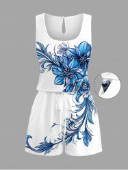 Plus Size Flowers Leaf Print Cinched Hawaii Romper -  