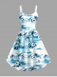 Plus Size Hibiscus Flower Coconut Tree Print Hawaii Tank Dress -  