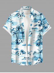 Plus Size Hibiscus Flower Coconut Tree Print Buttons Pocket Hawaii Shirt For Men -  