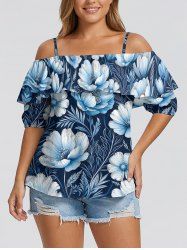 Flowers Leaf Print Cold Shoulder Ruffles Cover Hawaii Blouse - Bleu profond 4XL