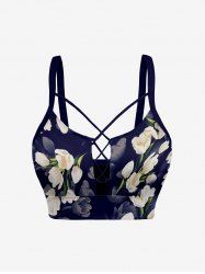 Ombre Flower Print Hawaii Lace Up Tankini Top(Adjustable Shoulder Strap) -  