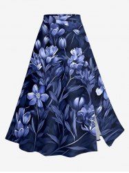 Flower Leaf Print Split Hawaii Skirt - Bleu profond XS