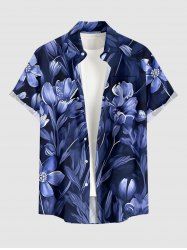 Flower Leaf Print Buttons Pocket Hawaii Shirt For Men - Bleu profond 2XL