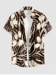 Flower Striped Curve Print Hawaii Button Pocket Shirt For Men -  