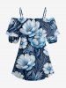 Flowers Leaf Print Cold Shoulder Ruffles Cover Hawaii Blouse - Bleu profond 4XL